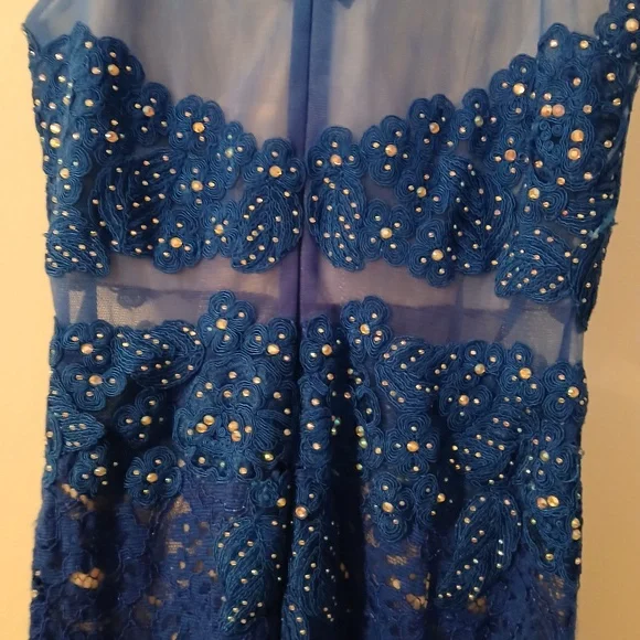 Anny Lee Blue Sequined Lace Wedding Prom Cocktail Evening Gown Dress Small - Picture 7 of 15